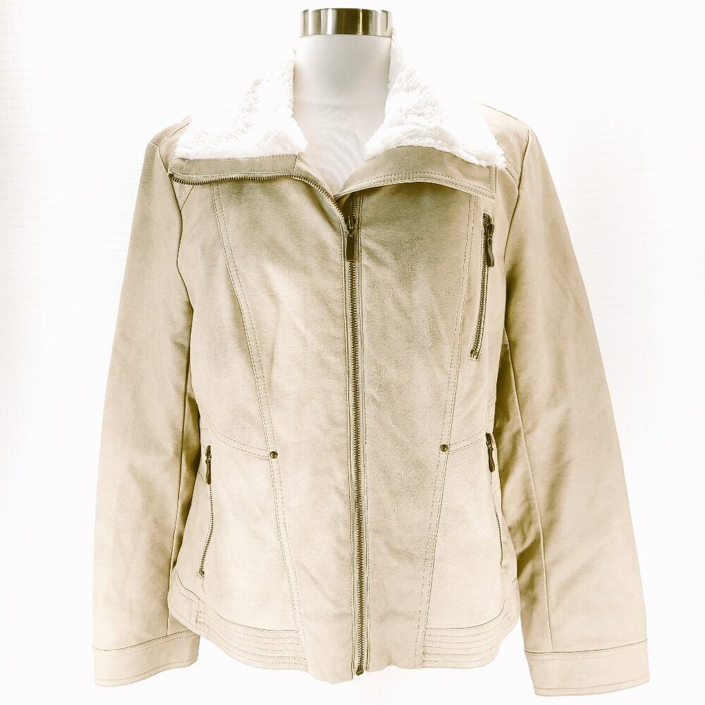 Bernardo Vegan Faux Leather Faux Fur-Lined Beige/Cream Moto Jacket